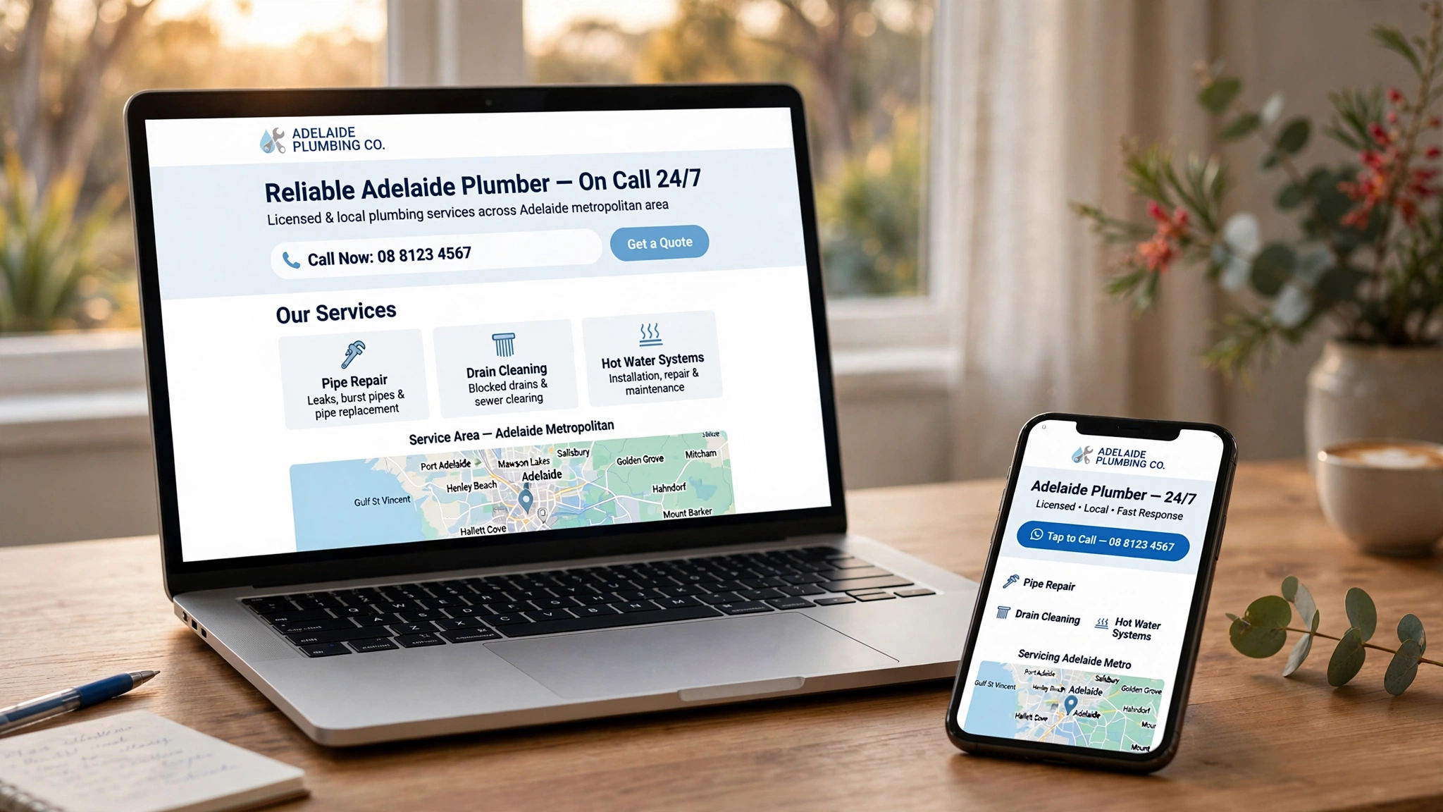 Modern laptop and phone mockup showing a clean one-page website for a South Australian trade business