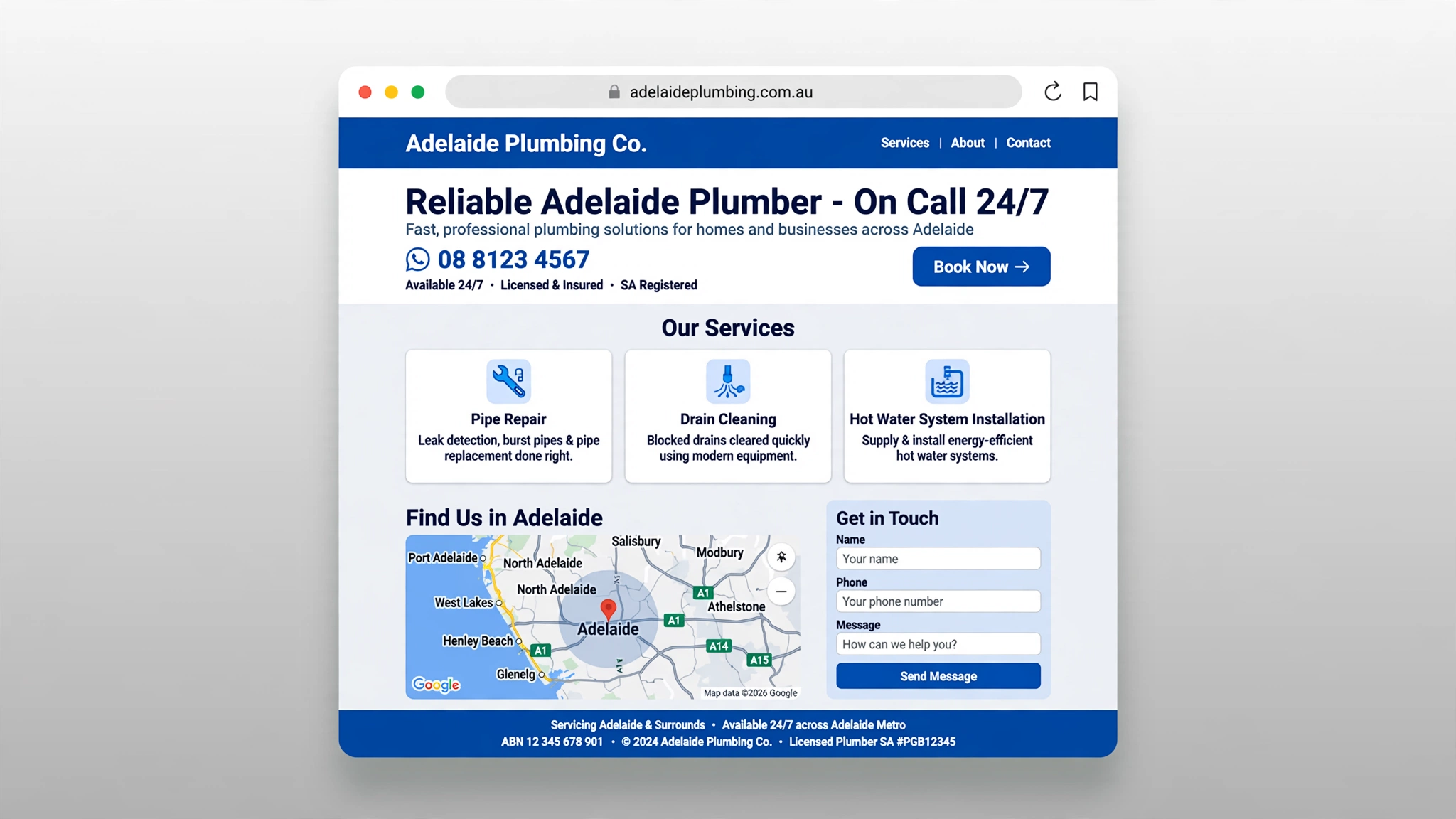 Browser window mockup showing a one-page website for a South Australian plumber with services grid and Google Map