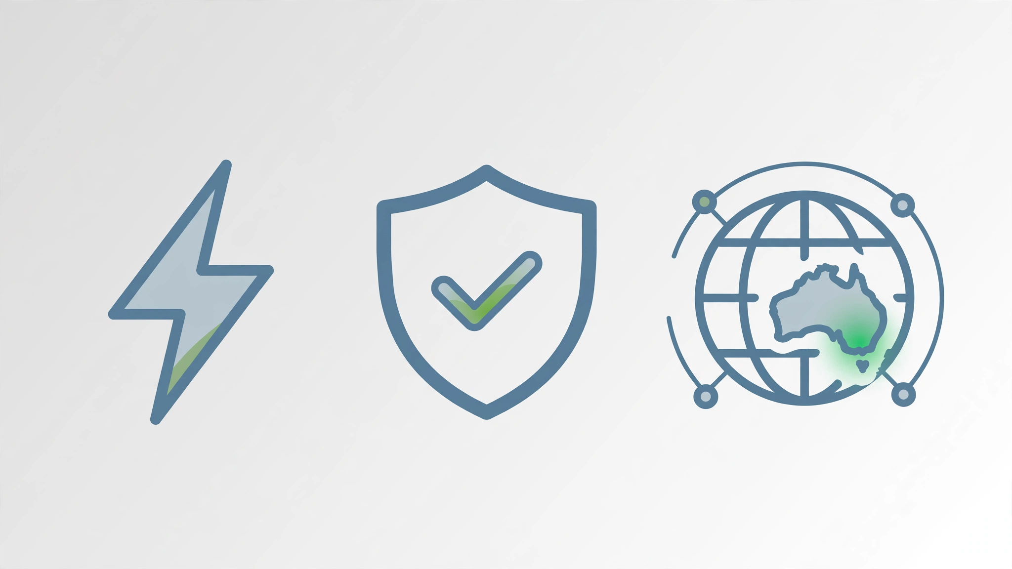Abstract graphic with lightning bolt, shield, and globe icons representing speed, SSL security, and global CDN
